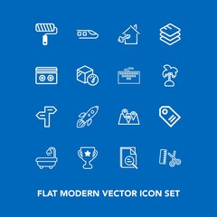 Modern, simple vector icon set on blue background with brush, business, achievement, modern, location, price, hairdresser, transport, roller, winner, road, salon, property, arrow, zoom, tool icons