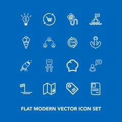 Modern, simple vector icon set on blue background with chat, world, label, astronomy, person, trolley, idea, night, star, map, concept, identity, safety, tag, cart, chief, comfortable, sky, cook icons