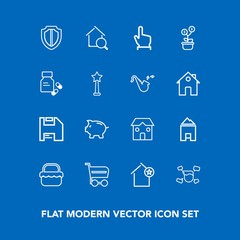 Modern, simple vector icon set on blue background with investment, medical, medicine, health, diskette, growth, button, buy, man, computer, house, trolley, touch, summer, apartment, grass, bank icons