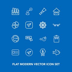 Modern, simple vector icon set on blue background with seafood, web, profile, telescope, email, lock, first, food, laboratory, service, call, achievement, night, analysis, security, people, man icons