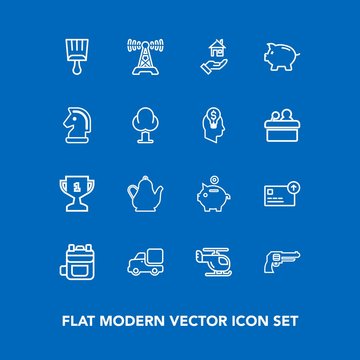 Modern, simple vector icon set on blue background with backpack, currency, communication, brush, kettle, money, weapon, truck, property, gun, air, pistol, paint, paintbrush, helicopter, station icons