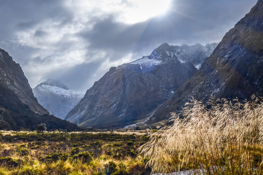 Fiordland national park stormy landscape, New Zealand