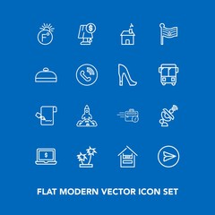 Modern, simple vector icon set on blue background with internet, supermarket, global, communication, light, store, rocket, screen, message, electricity, customer, list, building, late, paper icons