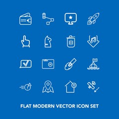 Modern, simple vector icon set on blue background with point, file, late, finance, touch, rocket, star, airplane, travel, landlord, science, house, blank, map, launch, plane, navigation, folder icons