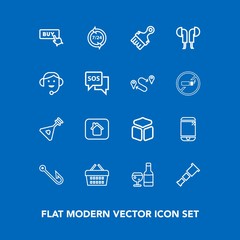 Modern, simple vector icon set on blue background with support, glass, string, button, folk, music, white, service, red, shop, touchscreen, fishing, cell, night, sign, square, home, store, web icons