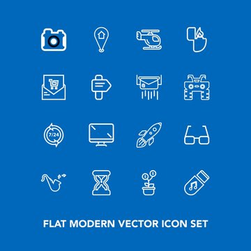 Modern, simple vector icon set on blue background with rocket, hour, help, monitor, business, science, trumpet, map, photographer, screen, helicopter, photography, time, call, timer, tree, eye icons