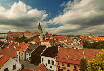 Fototapeta na wymiar CESKY KRUMLOV, BOHEMIA, CZECH REPUBLIK - View of the Old town, Castle and Castle tower at sunset