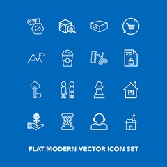 Modern, simple vector icon set on blue background with estate, timer, hour, people, home, seedling, report, finance, tree, chess, business, perfume, growth, statistic, trend, clock, service, boy icons