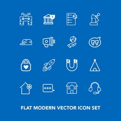 Modern, simple vector icon set on blue background with call, sign, technology, favorite, apartment, outdoor, object, travel, dirt, box, magnetic, checklist, construction, style, bag, science icons