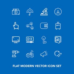 Modern, simple vector icon set on blue background with key, microscope, hand, vehicle, lock, rain, loud, button, interface, banking, car, night, video, digital, white, vintage, player, machine icons
