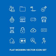 Modern, simple vector icon set on blue background with real, money, internet, technology, ocean, location, folder, sand, wallet, time, entertainment, estate, security, web, baja, property, road icons