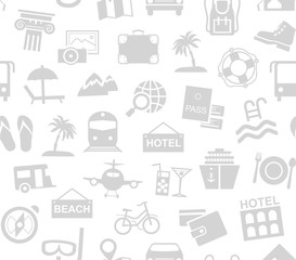 Travel, vacation, tourism, recreation, seamless pattern, monochrome, white, vector. Different types of recreation and ways to travel. Gray pictures on a white field. Vector, monochrome background.  