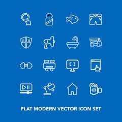 Modern, simple vector icon set on blue background with equipment, architecture, white, spice, template, fashion, sea, vision, home, player, house, computer, ingredient, glasses, building, estate icons