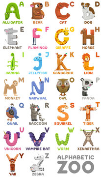 Zoo alphabet. Animal alphabet. Letters from A to Z. Cartoon cute animals isolated on white background