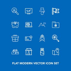 Modern, simple vector icon set on blue background with computer, switch, travel, road, home, diagnostic, magnifying, lamp, business, sack, gift, bag, architecture, internet, nurse, online, pin icons