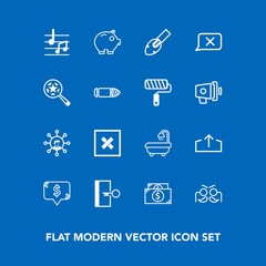 Modern, simple vector icon set on blue background with horizontal, party, magnifying, music, communication, download, web, find, white, upload, modern, note, square, musical, door, sign, finance icons