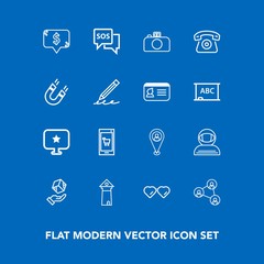 Modern, simple vector icon set on blue background with photography, map, sun, famous, spacesuit, help, sign, technology, space, mobile, fashion, camera, screen, architecture, box, phone, online icons