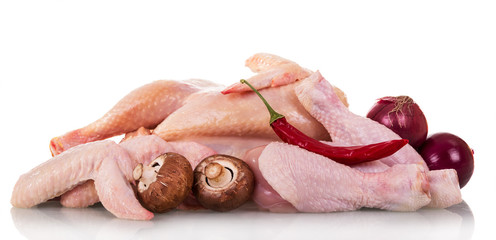 Chicken carcass, separate thighs and wings, mushrooms, onion and chili peppers isolated on white