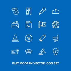 Modern, simple vector icon set on blue background with ladder, bottle, snorkel, sea, cap, water, sound, cash, captain, currency, retail, courthouse, concept, justice, lawyer, mask, clean, pen icons