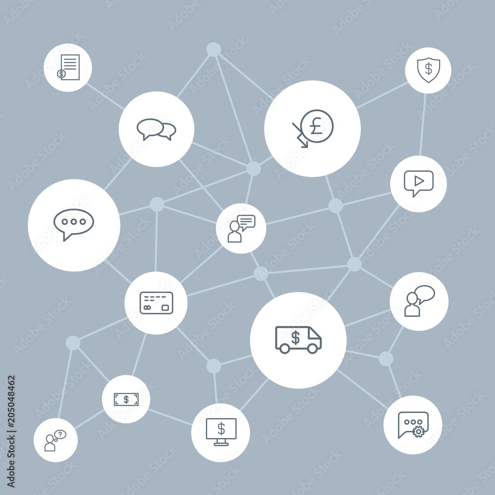 Poster abstract background with polygonal connected lines and money, chat and messenger outline icons. can 