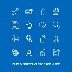 Modern, simple vector icon set on blue background with finance, famous, landmark, aircraft, airplane, box, science, cargo, safety, tower, launch, war, space, safe, checklist, estate, click, old icons
