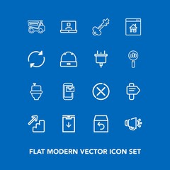Modern, simple vector icon set on blue background with sign, upstairs, tipper, shipping, business, loudspeaker, phone, loud, video, way, order, no, old, down, web, direction, wc, vintage, stop icons