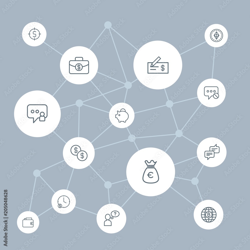 Aufkleber abstract background with polygonal connected lines and money, chat and messenger outline icons. can 