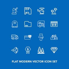 Modern, simple vector icon set on blue background with communication, aircraft, first, roof, house, winner, place, forest, bank, gem, switch, direction, diamond, earth, jet, award, diskette, bus icons