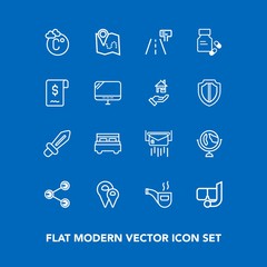 Modern, simple vector icon set on blue background with double, globe, planet, sea, interior, medicine, thermometer, pharmacy, letter, blade, location, summer, medical, mask, health, sword, share icons
