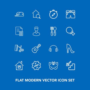 Modern, simple vector icon set on blue background with white, hairdresser, up, finance, musical, cap, professional, high, label, house, direction, shorts, online, stereo, sale, real, wing, wear icons