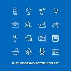 Modern, simple vector icon set on blue background with minute, person, boat, bathroom, animal, pin, ship, melody, wildlife, chair, time, book, hand, female, transportation, car, profile, travel icons