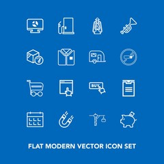 Modern, simple vector icon set on blue background with web, bank, button, finance, pole, sign, metal, gas, trolley, science, coin, magnetic, website, buy, saw, chart, kerosene, gasoline, package icons