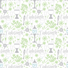 Absinthe accessories seamless vector pattern. Glass, spoon, dripper, fountain, spoon holder, anise seeds and wormwood background.