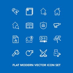 Modern, simple vector icon set on blue background with spotlight, modern, referee, object, medicine, video, interior, market, furniture, axe, file, hammer, vitamin, sport, notebook, weapon, sofa icons