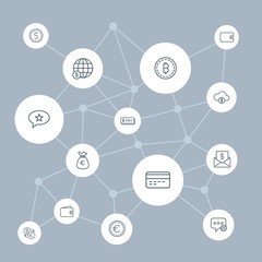 Abstract background with polygonal connected lines and money, chat and messenger outline icons. Can be use for websites, mobile apps, presentations and other design works