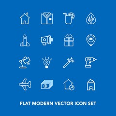 Modern, simple vector icon set on blue background with architecture, airplane, juice, aircraft, wizard, equipment, table, magic, magician, hand, landscape, drill, shirt, concept, forest, summer icons