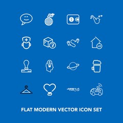 Modern, simple vector icon set on blue background with bar, strike, beer, idea, business, paper, car, pub, power, stationery, message, bomb, space, ball, wallet, explosion, concept, danger, fire icons