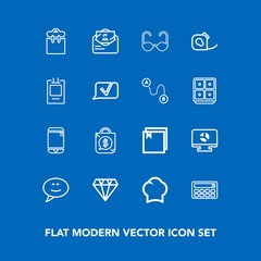 Modern, simple vector icon set on blue background with infographic, insulating, crystal, calculator, business, envelope, chief, mail, people, post, tape, file, cell, message, phone, template icons