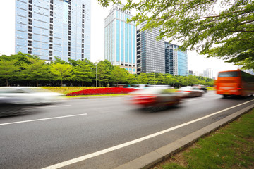 Empty road surface floor freeway with modern city buildings backgrounds