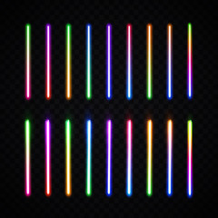 Colorful glowing gradient lines or borders collection isolated on transparent background. Halogen or led light lamp pack for night party or game design. Neon brushes set. Color vector illustration.
