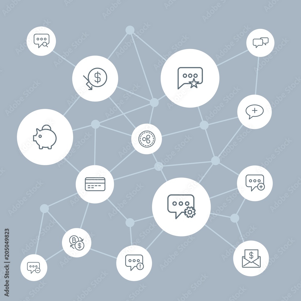 Poster abstract background with polygonal connected lines and money, chat and messenger outline icons. can 