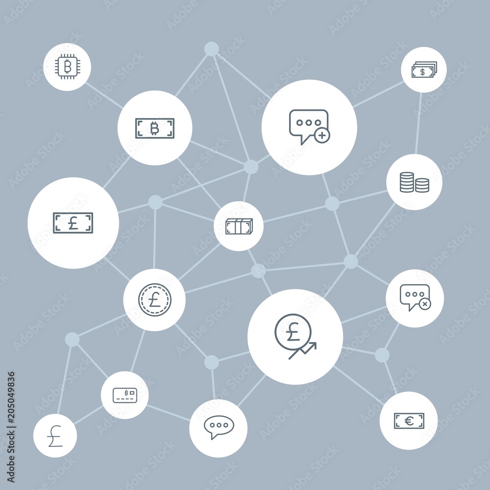 Poster abstract background with polygonal connected lines and money, chat and messenger outline icons. can 