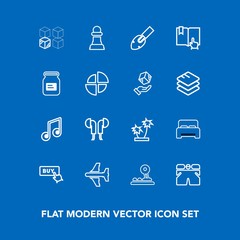 Modern, simple vector icon set on blue background with house, white, sound, musical, game, open, arrow, plane, package, technology, music, summer, horse, flight, construction, bed, shovel, chess icons