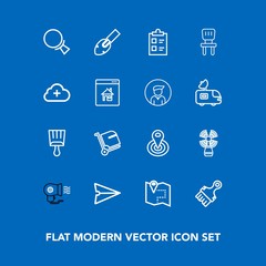 Modern, simple vector icon set on blue background with travel, paintbrush, home, list, white, mark, road, cycle, equipment, internet, message, fan, web, find, bag, lighthouse, construction, hair icons