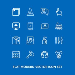 Modern, simple vector icon set on blue background with concept, step, screwdriver, ladder, receipt, fashion, audio, mobile, sound, construction, list, technology, schedule, file, award, wallet icons