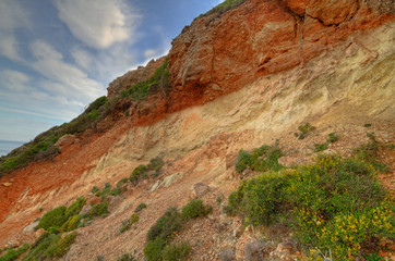 Fototapeta na wymiar Soil profile in a cliff, showing terra rossa, reddish soil, heavy and clay-rich, developed on a limestone base