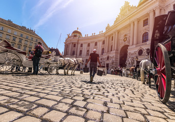 VIENNA, AUSTRIA - May 7, 2018: man carrying buckets of water to water horses harnessed to the...