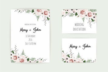 Floral Wedding Invitation. Botanical card vector Design garden pink, peach Rose flower, anemones ,green Eucalyptus, tender greenery