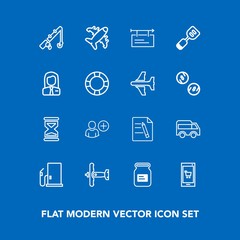 Modern, simple vector icon set on blue background with oil, billboard, business, user, left, file, tin, online, mobile, bus, banner, fuel, reel, container, technology, paper, gas, airplane, fish icons