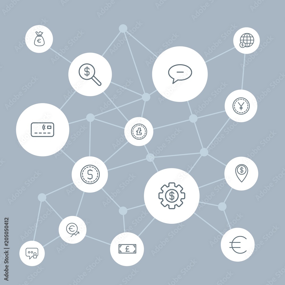 Poster abstract background with polygonal connected lines and money, chat and messenger outline icons. can 